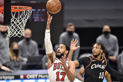Apr 21, 2021; Cleveland, Ohio, USA; Chicago Bulls forward Garrett Temple (17) drives against Cleveland Cavaliers guard Darius Garland (10) in the second quarter at Rocket Mortgage FieldHouse. Mandatory Credit: David Richard-USA TODAY Sports