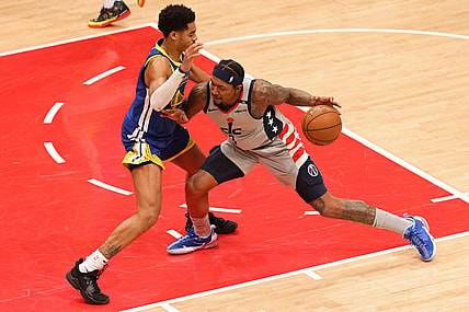 Apr 21, 2021; Washington, District of Columbia, USA; Washington Wizards guard Bradley Beal (3) drives to the basket as Golden State Warriors guard Jordan Poole (3) defends in the second quarter at Capital One Arena. Mandatory Credit: Geoff Burke-USA TODAY Sports