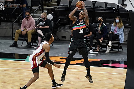Apr 21, 2021; San Antonio, Texas, USA; San Antonio Spurs forward DeMar DeRozan (10) shoots the ball against over Miami Heat forward KZ Okpala (11) in the second quarter at AT&T Center. Mandatory Credit: Scott Wachter-USA TODAY Sports