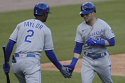 Apr 23, 2021; Detroit, Michigan, USA; Kansas City Royals left fielder Andrew Benintendi (16) celebrates with center fielder Michael A. Taylor (2) after hitting a solo home run during the second inning at Comerica Park. Mandatory Credit: Raj Mehta-USA TODAY Sports