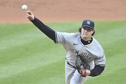 Apr 24, 2021; Cleveland, Ohio, USA; New York Yankees starting pitcher Gerrit Cole (45) delivers in the first inning against the Cleveland Indians at Progressive Field. Mandatory Credit: David Richard-USA TODAY Sports