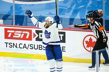 Apr 24, 2021; Winnipeg, Manitoba, CAN;  Toronto Maple Leafs forward Joe Thorton (97) celebrates after scoring a goal against the Winnipeg Jets during the first period at Bell MTS Place. Mandatory Credit: Terrence Lee-USA TODAY Sports