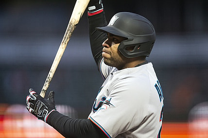Apr 24, 2021; San Francisco, California, USA; Miami Marlins first baseman Jesus Aguilar (24) reacts to striking out during the sixth inning of a Major League Baseball game against the San Francisco Giants at Oracle Park. Mandatory Credit: D. Ross Cameron-USA TODAY Sports