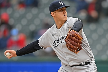 Apr 25, 2021; Cleveland, Ohio, USA; New York Yankees starting pitcher Jameson Taillon (50) throws a pitch during the first inning against the Cleveland Indians at Progressive Field. Mandatory Credit: David Dermer-USA TODAY Sports