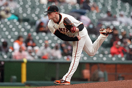 Apr 25, 2021; San Francisco, California, USA; San Francisco Giants starting pitcher Logan Webb (62) throws a pitch during the first inning against the Miami Marlins at Oracle Park. Mandatory Credit: Darren Yamashita-USA TODAY Sports