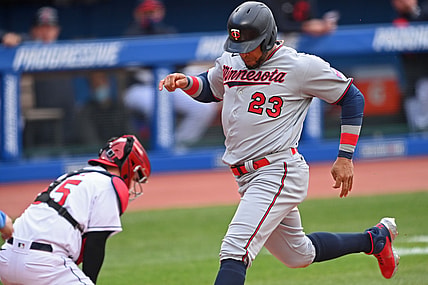 Apr 26, 2021; Cleveland, Ohio, USA; Minnesota Twins designated hitter Nelson Cruz (23) scores a run during the fourth inning against the Cleveland Indians at Progressive Field. Mandatory Credit: David Dermer-USA TODAY Sports