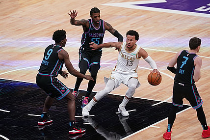 Apr 26, 2021; Sacramento, California, USA; Dallas Mavericks guard Jalen Brunson (13) dribbles the ball against the Sacramento Kings in the first quarter at the Golden 1 Center. Mandatory Credit: Cary Edmondson-USA TODAY Sports