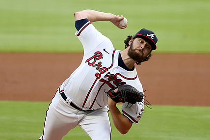 Apr 27, 2021; Atlanta, Georgia, USA; Atlanta Braves starting pitcher Ian Anderson (36) throws to a Chicago Cubs batter during the first inning at Truist Park. Mandatory Credit: Jason Getz-USA TODAY Sports