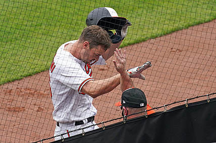 Apr 29, 2021; Baltimore, Maryland, USA;  Baltimore Orioles designated hitter Trey Mancini (16) greeted by teammates after his solo home run in the sixth inning against the New York Yankees at Oriole Park at Camden Yards. Mandatory Credit: Mitch Stringer-USA TODAY Sports