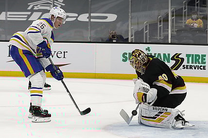 Apr 29, 2021; Boston, Massachusetts, USA; Buffalo Sabres defenseman Rasmus Dahlin (26) is stopped by Boston Bruins goaltender Tuukka Rask (40) on a breakaway during the second period at TD Garden. Mandatory Credit: Winslow Townson-USA TODAY Sports