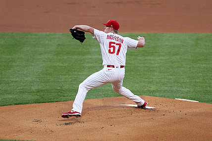 Apr 30, 2021; Philadelphia, Pennsylvania, USA; Philadelphia Phillies starting pitcher Chase Anderson (57) pitches against the New York Mets in the first inning at Citizens Bank Park. Mandatory Credit: Kam Nedd-USA TODAY Sports