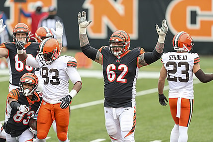 Oct 25, 2020; Cincinnati, Ohio, USA; Cincinnati Bengals offensive guard Alex Redmond (62) celebrates a touchdown against the Cleveland Browns in the first half at Paul Brown Stadium. Mandatory Credit: Katie Stratman-USA TODAY Sports