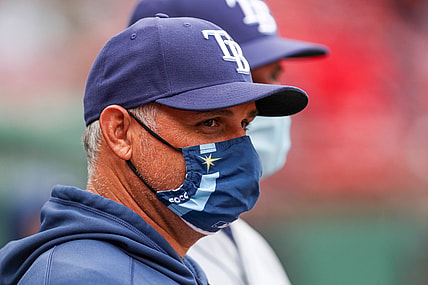 Apr 7, 2021; Boston, Massachusetts, USA; Tampa Bay Rays Manager Kevin Cash (16) reacts during the eighth inning against the Boston Red Sox at Fenway Park. Mandatory Credit: Paul Rutherford-USA TODAY Sports