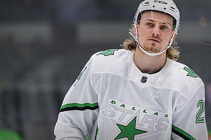 Apr 19, 2021; Dallas, Texas, USA; Dallas Stars left wing Roope Hintz (24) skates in warm-ups prior to the game against against the Detroit Red Wings at American Airlines Center. Mandatory Credit: Jerome Miron-USA TODAY Sports