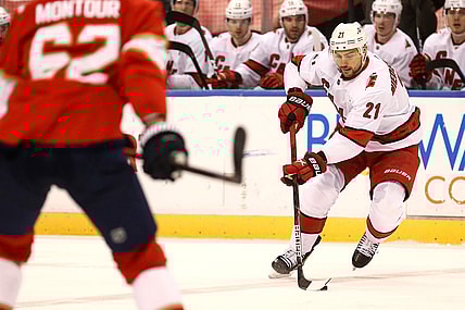 Apr 22, 2021; Sunrise, Florida, USA; Carolina Hurricanes right wing Nino Niederreiter (21) skates with the puck against the Florida Panthers during the first period at BB&T Center. Mandatory Credit: Sam Navarro-USA TODAY Sports