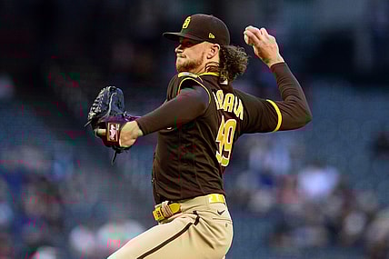 Apr 27, 2021; Phoenix, Arizona, USA; San Diego Padres starting pitcher Chris Paddack (59) pitches against the Arizona Diamondbacks during the first inning at Chase Field. Mandatory Credit: Joe Camporeale-USA TODAY Sports