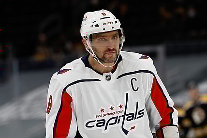 Apr 18, 2021; Boston, Massachusetts, USA; Washington Capitals left wing Alex Ovechkin (8) during the second period against the Boston Bruins at TD Garden. Mandatory Credit: Winslow Townson-USA TODAY Sports