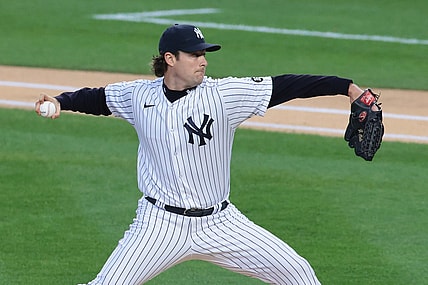 Apr 30, 2021; Bronx, New York, USA; New York Yankees starting pitcher Gerrit Cole (45) delivers a pitch during the first inning against the Detroit Tigers at Yankee Stadium. Mandatory Credit: Vincent Carchietta-USA TODAY Sports