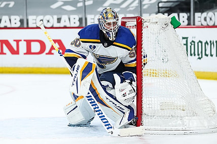 Apr 28, 2021; Saint Paul, Minnesota, USA; St. Louis Blues goaltender Jordan Binnington (50) looks on against the Minnesota Wild in the second period at Xcel Energy Center. Mandatory Credit: David Berding-USA TODAY Sports