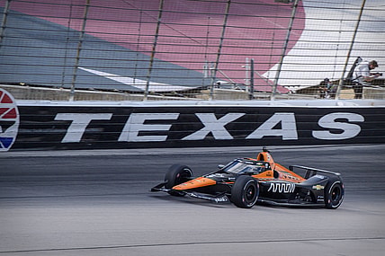 May 2, 2021; Fort Worth, Texas, USA; Arrow McLaren SP driver Pato O'Ward (5) of Mexico during the running of the Xpel 375 IndyCar race at Texas Motor Speedway. Mandatory Credit: Jerome Miron-USA TODAY Sports