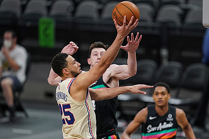 May 2, 2021; San Antonio, Texas, USA;  Philadelphia 76ers guard Ben Simmons (25) shoots over San Antonio Spurs forward Drew Eubanks (14) in the second half at the AT&T Center. Mandatory Credit: Daniel Dunn-USA TODAY Sports