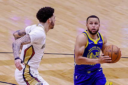 May 3, 2021; New Orleans, Louisiana, USA; Golden State Warriors guard Stephen Curry (30) drives to the basket against New Orleans Pelicans guard Lonzo Ball (2) during the first half at the Smoothie King Center. Mandatory Credit: Stephen Lew-USA TODAY Sports
