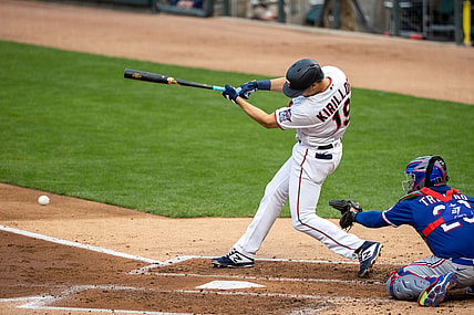 May 3, 2021; Minneapolis, Minnesota, USA; Minnesota Twins first baseman Alex Kirilloff (19) hits a double during the second inning against the Texas Rangers at Target Field. Mandatory Credit: Jordan Johnson-USA TODAY Sports