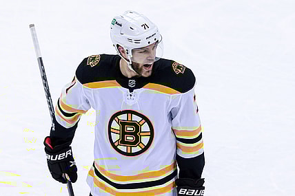 May 4, 2021; Newark, New Jersey, USA; Boston Bruins left wing Taylor Hall (71) reacts after his goal against the New Jersey Devils during the second period at Prudential Center. Mandatory Credit: Vincent Carchietta-USA TODAY Sports