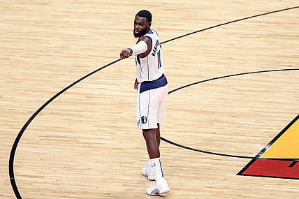 May 4, 2021; Miami, Florida, USA; Dallas Mavericks forward Tim Hardaway Jr. (11) reacts toward the bench against the Miami Heat during the second half at American Airlines Arena. Mandatory Credit: Sam Navarro-USA TODAY Sports