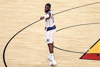 May 4, 2021; Miami, Florida, USA; Dallas Mavericks forward Tim Hardaway Jr. (11) reacts toward the bench against the Miami Heat during the second half at American Airlines Arena. Mandatory Credit: Sam Navarro-USA TODAY Sports