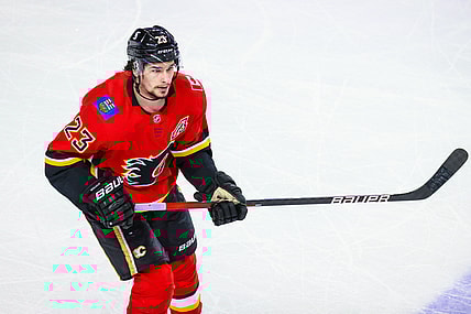 Apr 24, 2021; Calgary, Alberta, CAN; Calgary Flames center Sean Monahan (23) skates against the Montreal Canadiens during the second period at Scotiabank Saddledome. Mandatory Credit: Sergei Belski-USA TODAY Sports