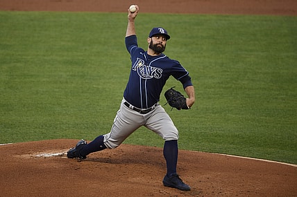 May 5, 2021; Anaheim, California, USA; Tampa Bay Rays starting pitcher Andrew Kittredge (36) delivers a pitch during the first inning against the Los Angeles Angels at Angel Stadium. Mandatory Credit: Kelvin Kuo-USA TODAY Sports