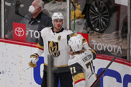 May 5, 2021; Saint Paul, Minnesota, USA; Vegas Golden Knights forward Reilly Smith (19) celebrates his goal against the Minnesota Wild in the third period at Xcel Energy Center. Mandatory Credit: Brad Rempel-USA TODAY Sports