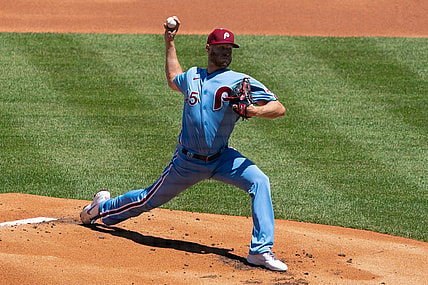 May 6, 2021; Philadelphia, Pennsylvania, USA; Philadelphia Phillies starting pitcher Zack Wheeler (45) pitches during the first inning against the Milwaukee Brewersat Citizens Bank Park. Mandatory Credit: Bill Streicher-USA TODAY