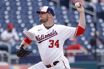 May 6, 2021; Washington, District of Columbia, USA; Washington Nationals starting pitcher Jon Lester (34) pitches against the Atlanta Braves in the second inning at Nationals Park. Mandatory Credit: Geoff Burke-USA TODAY Sports