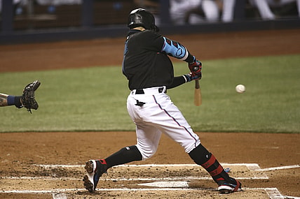 May 7, 2021; Miami, Florida, USA; Miami Marlins second baseman Isan Diaz (1) hits a grand slam home run against the Milwaukee Brewers during the third inning at loanDepot park. Mandatory Credit: Sam Navarro-USA TODAY Sports