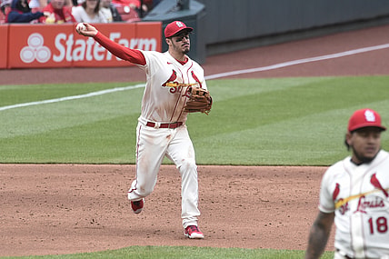 May 8, 2021; St. Louis, Missouri, USA; St. Louis Cardinals third baseman Nolan Arenado (28) throws to first for an out against the Colorado Rockies in the third inning at Busch Stadium. Mandatory Credit: Joe Puetz-USA TODAY Sports
