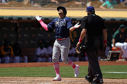 May 9, 2021; Oakland, California, USA; Tampa Bay Rays shortstop Willy Adames (1) gestures after hitting a home run during the fifth inning against the Oakland Athletics at RingCentral Coliseum. Mandatory Credit: Darren Yamashita-USA TODAY Sports