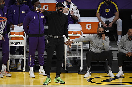 May 9, 2021; Los Angeles, California, USA; Los Angeles Lakers forward LeBron James (23) yells from the sidelines during the second half against the Phoenix Suns at Staples Center. Mandatory Credit: Kelvin Kuo-USA TODAY Sports