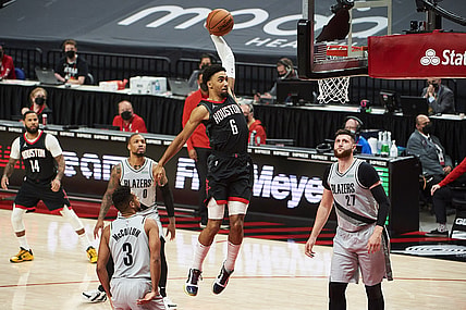 May 10, 2021; Portland, Oregon, USA; Houston Rockets forward Kenyon Martin Jr. (6) dunks the basketball during the first half against the Portland Trail Blazers at Moda Center. Mandatory Credit: Troy Wayrynen-USA TODAY Sports