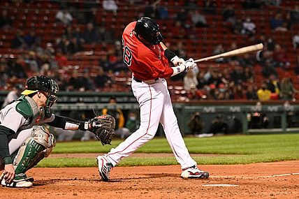 May 11, 2021; Boston, Massachusetts, USA; Boston Red Sox left fielder J.D. Martinez (28) fouls the ball off of his foot during the fourth inning  of a game against the Oakland Athletics at Fenway Park. Mandatory Credit: Brian Fluharty-USA TODAY Sports