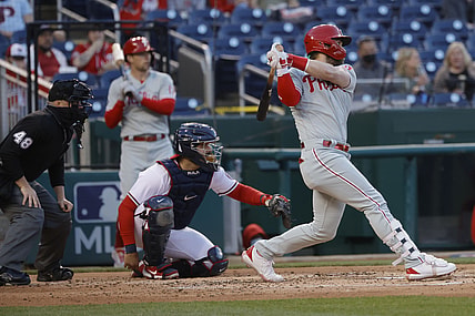 May 12, 2021; Washington, District of Columbia, USA; Philadelphia Phillies right fielder Bryce Harper (3) hits a double against the Washington Nationals in the third inning at Nationals Park. Mandatory Credit: Geoff Burke-USA TODAY Sports