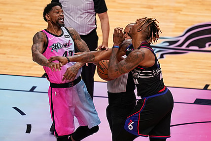 May 13, 2021; Miami, Florida, USA; Miami Heat forward Udonis Haslem (40) and Philadelphia 76ers center Dwight Howard (39) get into an altercation during the first half at American Airlines Arena. Mandatory Credit: Jasen Vinlove-USA TODAY Sports