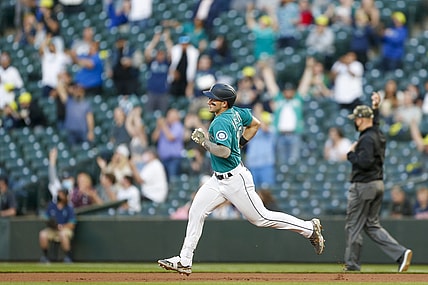 May 14, 2021; Seattle, Washington, USA; Seattle Mariners left fielder Jarred Kelenic (10) runs the bases after hitting a two-run home run against the Cleveland Indians during the third inning at T-Mobile Park. Mandatory Credit: Joe Nicholson-USA TODAY Sports