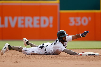 May 15, 2021; Detroit, Michigan, USA;  Detroit Tigers shortstop Willi Castro (9) steals second during the fourth inning against the Chicago Cubs at Comerica Park. Mandatory Credit: Rick Osentoski-USA TODAY Sports