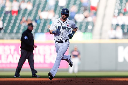 May 15, 2021; Seattle, Washington, USA; Seattle Mariners right fielder Mitch Haniger (17) trots around the bases after hitting a solo home run against the Cleveland Indians during the first inning at T-Mobile Park. Mandatory Credit: Jennifer Buchanan-USA TODAY Sports