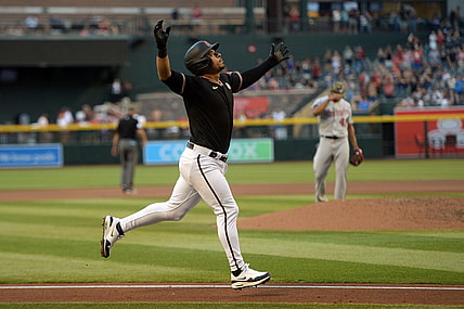 May 15, 2021; Phoenix, Arizona, USA; Arizona Diamondbacks third baseman Eduardo Escobar (5) celebrates after a three-run home run against Washington Nationals starting pitcher Joe Ross (41) during the fourth inning at Chase Field. Mandatory Credit: Joe Camporeale-USA TODAY Sports