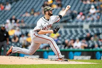 May 16, 2021; Pittsburgh, Pennsylvania, USA;  San Francisco Giants starting pitcher Alex Wood (57) throws a pitch during the first inning against the Pittsburgh Pirates at PNC Park. Mandatory Credit: Mark Alberti-USA TODAY Sports