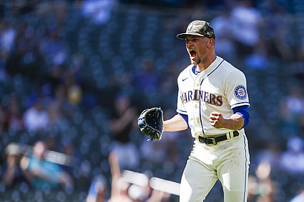 May 16, 2021; Seattle, Washington, USA; Seattle Mariners relief pitcher Anthony Misiewicz (38) reacts after getting a double play to end the seventh inning against the Cleveland Indians at T-Mobile Park. Mandatory Credit: Joe Nicholson-USA TODAY Sports
