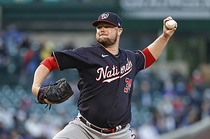 May 17, 2021; Chicago, Illinois, USA; Washington Nationals starting pitcher Jon Lester (34) delivers a pitch against the Chicago Cubs during the third inning at Wrigley Field. Mandatory Credit: Kamil Krzaczynski-USA TODAY Sports